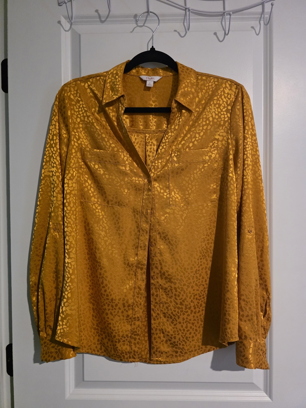 Zara Golden Yellow Satin Leopard-Texture Button-Up Blouse
